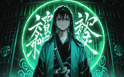 tokito muichiro, 4k, anillos de neón turquesa, jeroglíficos, kimetsu no yaiba, kimono, noche, manga, protagonista, cuerpo de cazadores de demonios, asesino de demonios, muichiro tokito kimetsu no yaiba