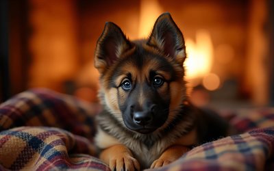 جرو الراعي الألماني, 4k, خوخه, مدفأة, حيوانات لطيفة, بطانية متقلب, عن قرب, الجراء, كلاب, كمامة, الراعي الألماني, حيوانات أليفة, كلب في بطانية, كلب الراعي الألماني