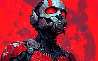 4k, homem formiga, arte grunge, paisagem urbana, super heróis, quadrinhos da marvel, fundo vermelho grunge, criativo, arte do homem formiga, arte dos fãs