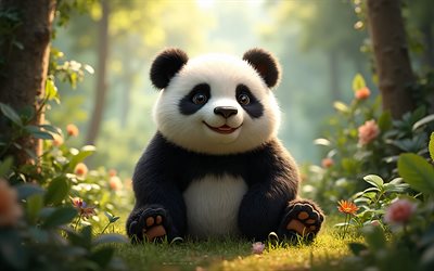 الباندا لطيف في الغابة, المفاهيم الإيجابية, غابة, ربيع, الباندا, الباندا ثلاثية الأبعاد, حيوانات لطيفة