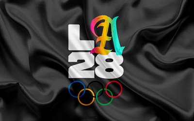 4k, logo des jeux olympiques d'été de 2028, jeux de la xxxive olympiade, fond de soie noire, la28, los angeles 2028, logo la28, jeux olympiques d'été, panneau des jeux olympiques d'été de 2028, los angeles, usa