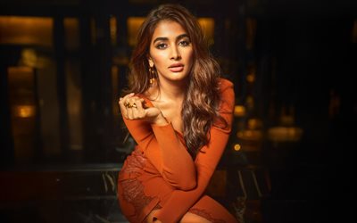 4k, pooja hegde, vestido naranja, celebridad india, bollywood, actriz popular, estrellas de cine, foto con pooja hegde, mujer morena, actriz india, sesión de fotos de pooja hegde
