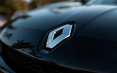 renault logosu, 4k, siyah başlık, renault işareti, renault amblemi, siyah kaportada renault logosu, fransız arabaları, renault
