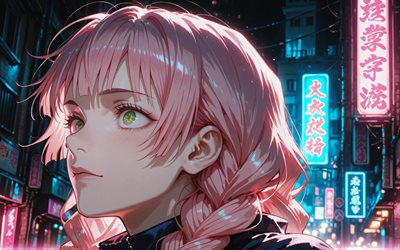 Mitsuri Kanroji, 4k, night, street, Demon Slayer, green eyes, protagonist, pink hair, Demon Slayer Kimetsu no Yaiba, manga, Kanroji Mitsuri, Demon Hunter, Mitsuri Kanroji Kimetsu no Yaiba