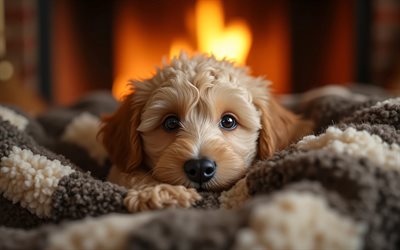 4k, جرو القلطي, كلب لطيف, خوخه, مدفأة, حيوانات لطيفة, بطانية متقلب, عن قرب, الجراء, كلاب, كمامة, القلطي, حيوانات أليفة, كلب في بطانية, كلب بودل