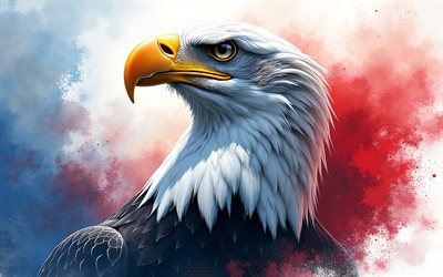 pygargue à tête blanche, 4k, éclaboussures de peinture rouge et bleue, symboles nationaux américains, oiseaux de proie, tête de pygargue à tête blanche, 4 juillet, quatrième juillet, aigles, usa