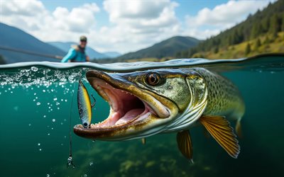 4k, luccio, tremolante in bocca, pesci predatori, avvicinamento, pesca, sott'acqua, pescatore su una barca, attrezzatura da pesca, pesca al luccio, pesca sul lago, estate, ricreazione, pesca estiva, concetti di pesca