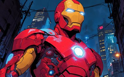 hombre de hierro, 4k, edificios, paisaje nocturno, cómics marvel, superhéroes, arte del hombre de hierro, creativo, hombre de hierro 4k