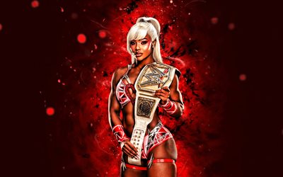 4k, Jade Cargill, red abstract background, WWE, creative, american wrestler, Jade Cargill with belt, NXT, red neon lights, World Wrestling Entertainment, wrestlers, Jade Cargill 4K