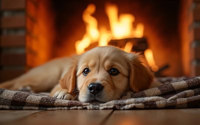 جرو جولدن ريتريفر, 4k, خوخه, لابرادور, مدفأة, حيوانات لطيفة, بطانية متقلب, عن قرب, الجراء, كلاب, كمامة, المسترد الذهبي, حيوانات أليفة, كلب في بطانية, كلب جولدن ريتريفر