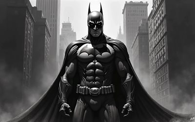 batman, 4k, arte del carbone, monocromo, dc comics, supereroi, opera d'arte, arte di batman, arte dei fan, batman 4k