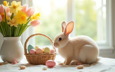 osterhase, 4k, korb mit ostereiern, frohe ostern, frühling, osterdekorationen, süßes kaninchen, ostern, ostereier, strauß tulpen, narzissen, osterkonzepte