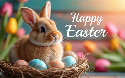 4k, osterhase, korb mit eiern, bokeh, frohe ostern, blumen, ostereier, osterdekorationen, kaninchen, osterhintergründe, hasen, osterhasen, frohe ostern inschrift, ostern