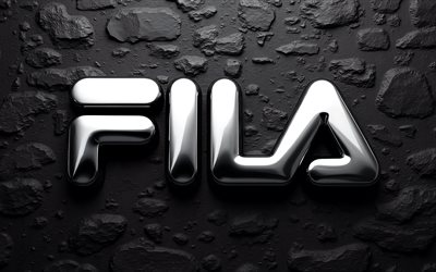 logotipo de fila cromado, 4k, fondo de pared negro, logotipo de fila metálico, logotipo 3d de fila, signo fila, símbolo fila, emblema fila, logotipo de fila, fila