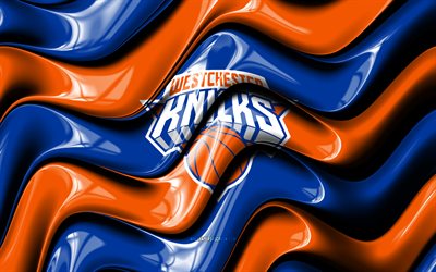 logotipo 3d de los knicks de westchester, 4k, ondas 3d naranja azul, liga nba g, baloncesto, bandera de los knicks de westchester, logotipo de los knicks de westchester, emblema de los knicks de westchester, equipo de baloncesto americano, knicks de westchester