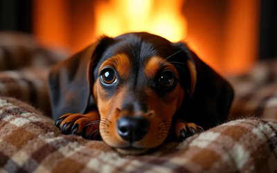 cachorro de perro salchicha, 4k, bokeh, hogar, animales lindos, manta a cuadros, de cerca, cachorros, perros, bozal, perro tejonero, mascotas, perro en manta, perro salchicha