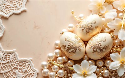 بيض عيد الفصح الزينة, 4k, الدانتيل الأبيض, زهور بيضاء, عيد فصح سعيد, عن قرب, بيض عيد الفصح, زينة عيد الفصح, خلفيات عيد الفصح, عيد الفصح