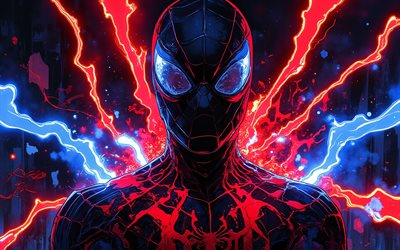 hombre araña, 4k, iluminaciones, superhéroes, pintar arte, cómics marvel, oscuridad, arte del hombre araña, obra de arte, hombre araña 4k