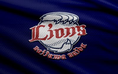 Saitama Seibu Lions fabric logo, 4k, blue fabric background, NPB, bokeh, baseball, Saitama Seibu Lions logo, Saitama Seibu Lions emblem, japanese baseball team, Saitama Seibu Lions