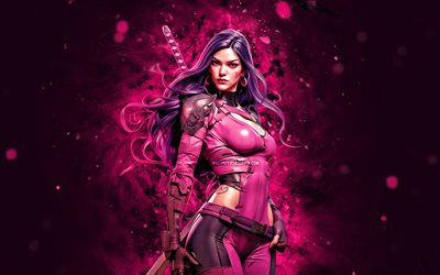 psylocke, 4k, mor neon işıklar, marvel comics, süper kahramanlar, elizabeth braddock, yaratıcı, betsy braddock, psylocke 4k