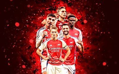 cephanelik, 4k, premier lig, ingiliz futbol kulübü, kırmızı neon işıklar, arsenal futbolcuları, bukayo saka, martin odegaard, mikel merino, kai havertz, leandro trossard, donyell malen, futbol, arsenal fc
