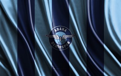 4k, adana demirsporロゴ, スーパーライグ, 青い絹のテクスチャー, adana demirspor flag, トルコのサッカーチーム, フットボール, シルクの旗, adana demirsporエンブレム, 七面鳥, adana demirsporバッジ, adana demirspor