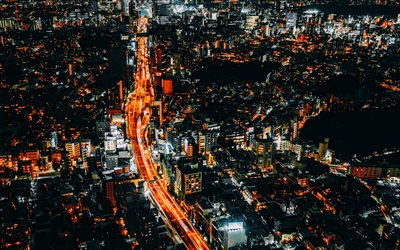 도쿄, 4k, nighscapes, 도로 조명, 중심지, 항공보기, 일본 도시, 일본, 아시아, 밤에 도쿄, 도쿄 파노라마