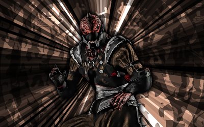 4k, Saurian, Mortal Kombat, brown rays background, MKM, abstract art, Mortal Kombat Mobile, Saurian MKM, Mortal Kombat characters, Mortal Kombat X, Saurian Mortal Kombat, creative art