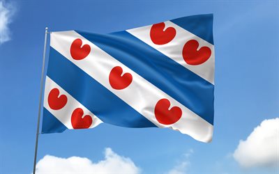 bandera de frisia en la bandera, 4k, provincias holandesas, cielo azul, bandera de frisia, banderas de satén ondulados, provincias de los países bajos, asta de bandera con banderas, día de friesland, países bajos, papas fritas