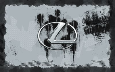 Lexus grunge logo, 4k, cars brands, gray grunge background, Lexus logo, artwork, brands logo, Lexus, brands