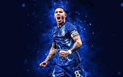 4k, enzo fernandez, mavi soyut arka plan, chelsea fc, premier lig, arjantinli futbolcular, enzo fernandez 4k, futbol, mavi neon işıklar, enzo fernandez chelsea