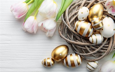 गोल्डन ईस्टर अंडे, गोल्डन ईस्टर सजावट, हैप्पी ईस्टर, सफेद ट्यूलिप, ईस्टर ग्रीटिंग कार्ड पृष्ठभूमि, वसंत, ईस्टर एग्स, ईस्टर