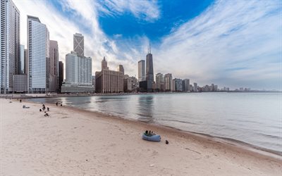 ohio street beach, chicago, john hancock center, 875 pohjois  michigan avenue, chicagon pilvenpiirtäjät, chicagon kaupunkikuva, illinois, yhdysvallat, chicagon rannat, michigan  järvi