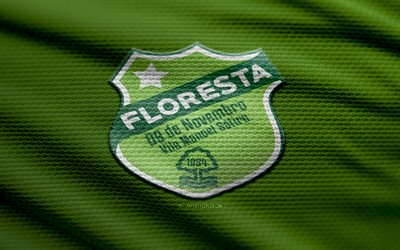 floresta ec fabric logo, 4k, contexte de tissu vert, série brésilienne c, bokeh, football, floresta ec logo, floresta ec emblem, floresta ec, club de football brésilien, floresta fc