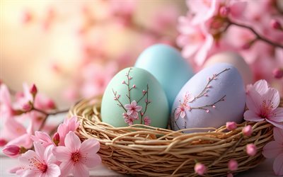 rosa ostereier mit ornamenten, 4k, frühlingsblumen, frohe ostern, sakura, osterkonzepte, osterkarte, rosa ostereier, osterdekorationen, ostern, kirschblüte, frühling