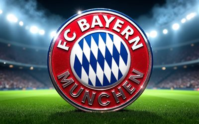 logo in metallo del fc bayern monaco, 4k, bundesliga, faretti, stadio di calcio, calcio, logo 3d dell'fc bayern monaco, logo dell'fc bayern monaco, fc bayern monaco, squadra di calcio tedesca