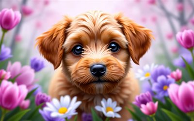 माल्टिपू पिल्ला, 4k, वसंत, bokeh, कुत्ते, प्यारे जानवर, पिल्लों, पालतू जानवर, माल्टिपू, वसंत के फूल, लॉन पर पिल्ला, माल्टिपू कुत्ता