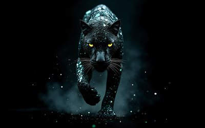 schwarzer panther, 4k, raubtier, smaragdsteine, wildkatzen, wilde tiere, raubtiere, schwarze panther, kreative kunst, schwarzer hintergrund, schwarzer panther im dunkeln, schwarzer jaguar, panther