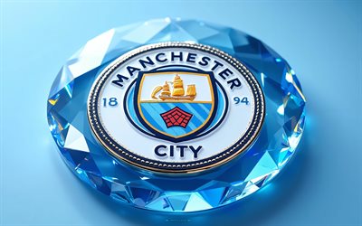 logotipo de cristal del manchester city fc, 4k, fondo azul, hombre de la ciudad, logotipo de cristal del manchester city, logotipo del manchester city, logotipo del manchester city fc, emblema del manchester city fc, inglaterra, manchester city fc