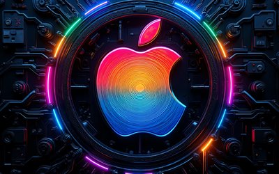 logotipo abstrato da apple, 4k, fundo escuro de alta tecnologia, luzes de néon coloridas, condutores, marcas de eletrônicos, logotipo 3d da apple, marcas, logotipo colorido da apple, obra de arte, logotipo da maçã, maçã