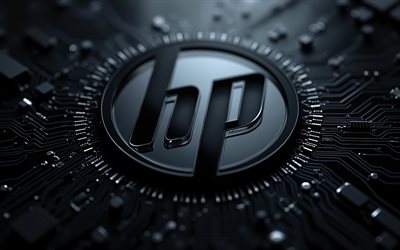 hp metall svart logotyp, hewlett packards logotyp, hp 3d svart skylt, hp, techno konst, hp svart logotyp, 4k, svart techno bakgrund, hewlett packard, svart bakgrund, hp emblem i krom