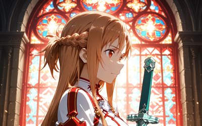4k, yuuki asuna, vidrieras, espada, arte de espada en línea, castillo, manga, protagonista, asuna yuuki, personajes de sword art online, asuna, yuuki asuna espada arte en línea