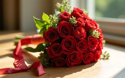 rote rosen, 4k, hochzeitsstrauß, hochzeitskonzepte, brautstrauß, hochzeitsstrauß aus roten rosen, rosen brautstrauß, rosen, roter hochzeitsstrauß