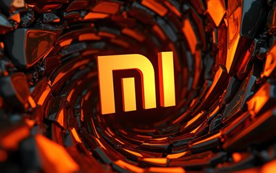 Xiaomi 3D logo, 4k, abstract vortex, orange 3D backgrounds, bokeh, electronics brands, Xiaomi orange logo, creative, Xiaomi logo, brands, Xiaomi