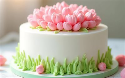 Spring cake, 4k, tulips on cake, sweets, baked goods, cakes, spring cake ideas, cake decorated with flowers, tulips, spring concepts