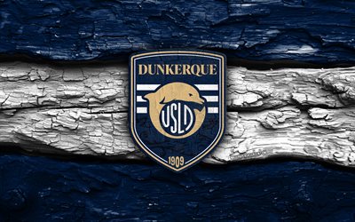 logotipo de madera de la usl dunkerque, 4k, fondo de madera blanco azul, liga 2, fútbol, logotipo de la usl dunkerque, fútbol americano, emblema de la usl dunkerque, usl dunkerque, club de fútbol francés, fc dunkerque