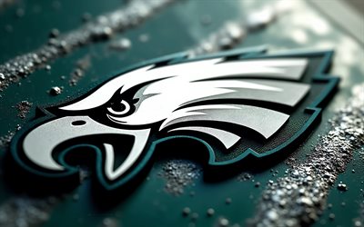 フィラデルフィア・イーグルスのメタルロゴ, 4k, ターコイズブルーの背景, メタルアート, フィラデルフィア・イーグルスのエンブレム, クリエイティブアート, アメリカ合衆国, フィラデルフィア・イーグルス, アメフト, フィラデルフィア・イーグルスのロゴ, nfl