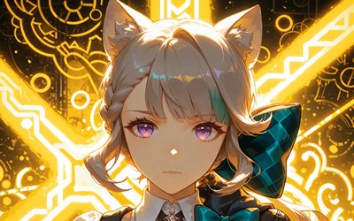 lynette, 4k, gelbe neonstrahlen, dunkelheit, genshin impact, gelber abstrakter hintergrund, anime charaktere, lynn, netti, lina, genshin impact charaktere, lynette genshin impact