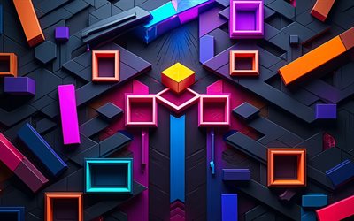 4k, figuras coloridas en 3d, abstracciones oscuras, prismas, cubos, fondo colorido 3d, paralelepípedos, patrones 3d, fondos 3d, formas geométricas, geometría, creativo, fondos abstractos oscuros, figuras geométricas