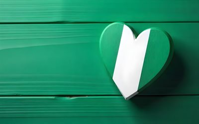4k, I Love Nigeria, creative, green wooden background, bokeh, Day of Nigeria, flag of Nigeria, heart with Nigerian flag, 3D hearts, Nigerian flag, Nigeria, Love for Nigeria